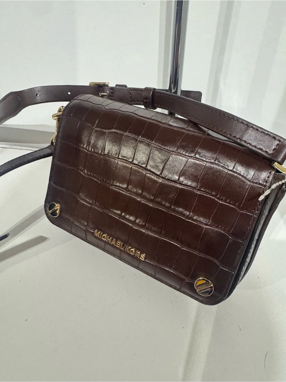 Michael Kors Brown Croc-Embossed Men’s Belt Bag with Gold Hardware